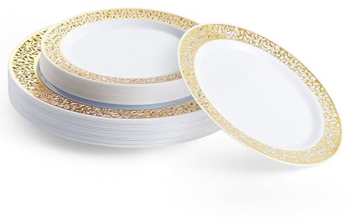 MATANA 40 Premium White Plastic Plates with Gold Lace Rim - 20x 26cm Dinner Plates, 20x 19cm Side Plates - Elegant & Reusable Dinnerware for Weddings, Birthdays, Catering, Parties