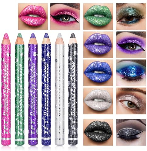 Desing Wish 6 Pezzi Matitone Ombretto Occhi Glitter Set Rossetto Nero Lunga Durata Bianco Rossetti Kit Rosso Lipstick Ombretto Stick Occhi Ombretti Occhi con Temperino Matita per Trucco Regalo Donna