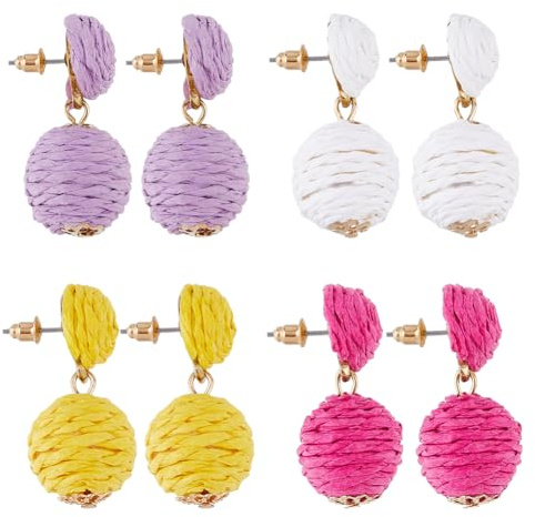 SUPERFINDINGS 4 Paar Boho Bast Ohrringe Handgefertigte Bast Laternen Rattan Tropfenohrringe Gewebte Strohgeflecht Ohrringe Leichte Geometrische Statement Ohrringe Sommer Strand Schmuck