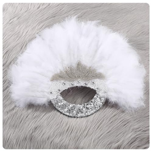 Pmnzdy Fächer Feder Damen brautfächer Feather Fan Vintage federfächer Faltbar Handfaecher Strasssteine Stickerei Faltfächer spitzenfächer Kostüm Hochzeit Party Abschlussball Tanz Geburtstag Silber