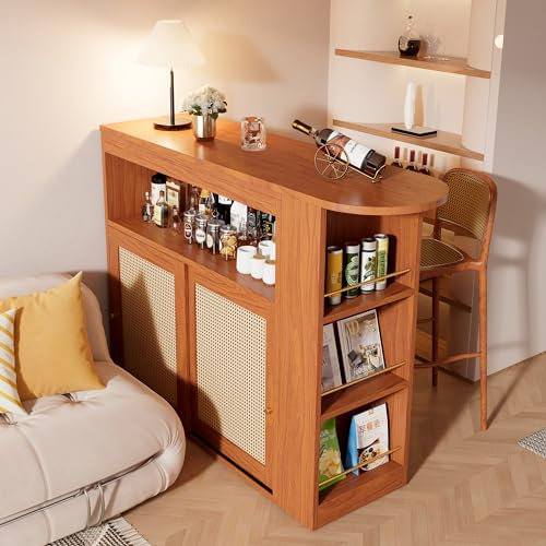 Soweiz Mesa alta de ratán en los frentes de la puerta, mesa de bar extensible con espacio de almacenamiento, estantes ajustables, mesa alta de bistró, mesa alta de cocina, mesa pequeña (138-193 x 39 x