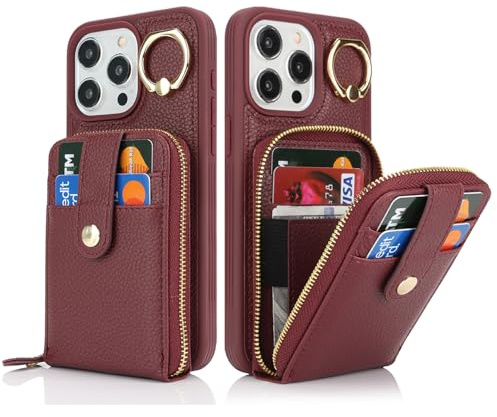 SailorTech iPhone 12 Pro Max fodral ringstativ med kreditkortshållare för kvinnor, iPhone 12 Pro Max läderfodral plånbok med kreditkortsfack med dragkedja för iPhone 12 Pro Max-vinröd