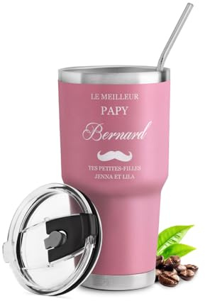 Maverton Mug Isotherme 800ml en Acier Inoxydable, Mug Personnalisé Rose | Avec 2 Pailles et Brosse de Nettoyage, Garantie 6h Chaud/10h Froid, Cadeau papy, cadeau grand pere Meilleur grand-père