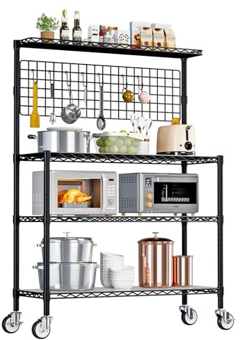 Wooruy Kitchen Bakers Rack on Wheel,4-Tier Kitchen Shelf Cart,Adjustable Rolling Microwave Oven Stand,Heavy Duty Metal Storage Rack,Coffee Bar Station Floor Cabinets,Black 42Lx18Wx66.7H