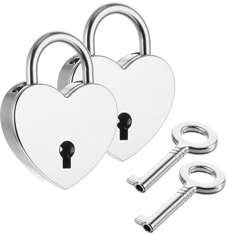 JJUNW Lot de 2 mini cadenas en forme de cœur vintage avec clé en forme de cœur pour armoire, boîte à bijoux, journal intime, tiroir (argenté)