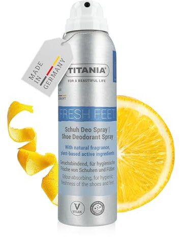 TITANIA Schuh Déodorant en spray 150 ml avec parfum naturel de citron – Absorbe les odeurs et fraîcheur hygiénique pour les chaussures et les pieds – Formule végétalienne sans microplastique