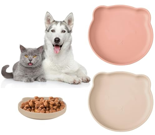 FINEASY Katzennapf Flach Silikon Set 2Stück Fressnapf Katze Silikon Futternapf Katze Flach Katzennäpfe Beige Rosa Katzenteller Katzen Napf Wassernapf Katze Teller Katzenschüssel Feeder Cat Bowl 17.5CM
