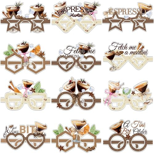 VioraWhite 48 Pcs Espresso Martini Party Decorations Brown a Tini Bit Older Paper Eyeglasses Martini Bow Paper Glasses Photo Booth Props for Bar Bachelorette Birthday Party Favors