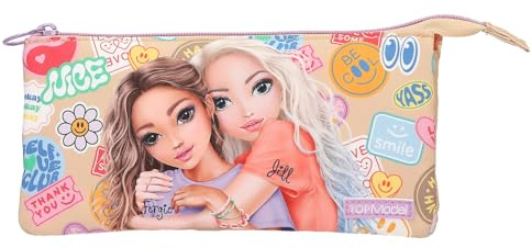 Depesche 13287 TOPModel Girl Power - Schlampertasche in Beige, mit Model Motiv und bunten Batches, Federtasche mit 3 Innenfächern