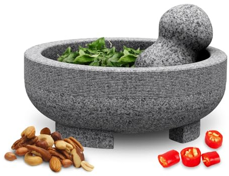 Molcajete mexikanischer Mörser und Stößel aus unpoliertem Granit, 20 cm, manuelle Steinmühle, Familientagssalsa, Guacamole, Gewürzmühle