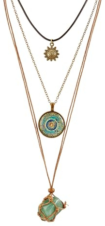 Hanary Collier multi-rangs de style bohème rétro, soleil en cristal vert et pendentif floral, bijoux ethniques pour femme, taille unique, Zinc, Pas de gemme