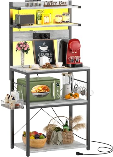 iSunirm Estantería de Cocina con enchufes,Organizador de Cocina con Luces LED,Soporte para microondas con 5 estantes 6 Ganchos,60x40x147cm,Roble Blanco