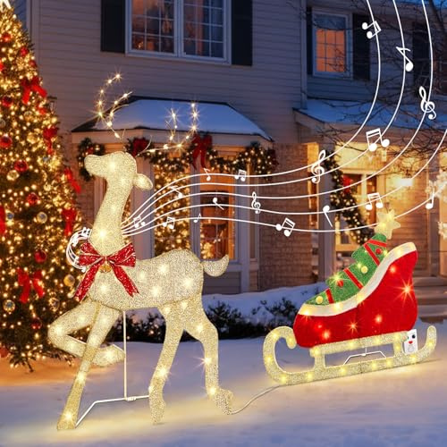 DELICHTER Renna illuminata con slitta con 117 LED bianco caldo Decorazione natalizia multifunzionale per esterni con musica e sensore di movimento Cervo di Natale per uso interno ed esterno 107 cm
