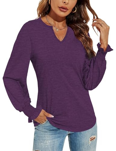 DUOEASE Magliette Donna Manica Lunga Leggero Scollo a V Camicia Maniche a Sbuffo Elegante Casual Top Sexy