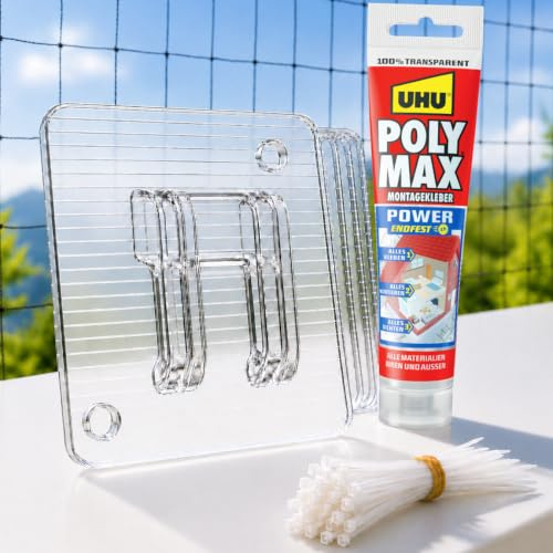 Netevo® 100 Klebehaken mit UHU Montagekleber (115ml), extra Kabelbinder, Alles transparent, extra stark & wetterfest, Haken Befestigung für Katzennetz ohne Bohren, Balkon & Fenster