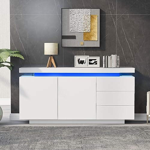 entapuk Buffet, Commode, Buffet Haut, 2 Portes, 3 Tiroirs, Haute Brillance, avec Éclairage LED, Étagère Réglable, sans Poignées, 140 X 35 X 72,5 cm - Blanc, Adapté Au Salon Et À La Salle À Manger