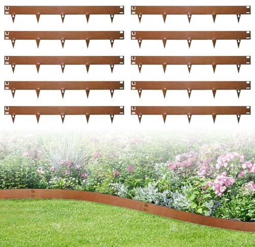 wowspeed 10 Stück Rasenkante Cortenstahl, 3.5ft Rasenkanten, 20cm hoch Beeteinfassung, Beetumrandung Cortenstahl, Mähkante Beetbegrenzung Flexible für Garten, Wetterbeständig