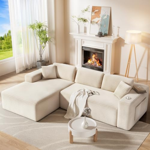 CAMMOO 108” Cloud Sectional Couch in One Box, Compressed Modular Sectional Sofa with Deep Seat, Corduroy Boneless Couches, L-Shaped Sofa for Living Room, 4 Storage Pockets(Left Facing Chaise, Beige)