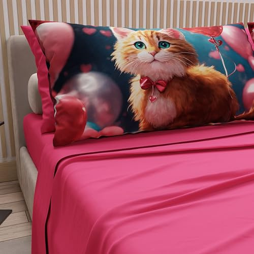 PETTI Artigiani Italiani - Lenzuola Animali con Gatti in Cotone con Federe in Stampa Digitale, Lenzuola Matrimoniali Maxi, Completo Letto Matrimoniale Fucsia, 100% Made in Italy