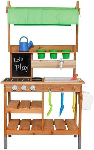 BLUEBRIT Wooden kitchen beach station Kids Outdoor Play Toy Mud Kitchen with Adjustable Canopy with Faucet Sink Blackboard Stoves Cooking Accessories and Storage Wooden Kids Kitchen garden set