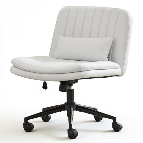 TCGBKAF Bürostuhl ohne Armlehne,Höhenverstellbarer Drehstuhl Schminktisch Stuhl mit Rollen,Schneidersitz Bürostuhl mit Breitem Sitzkissen,Kleiner Schreibtischstuhl Weiß fürs Büro, Microfaserstoff