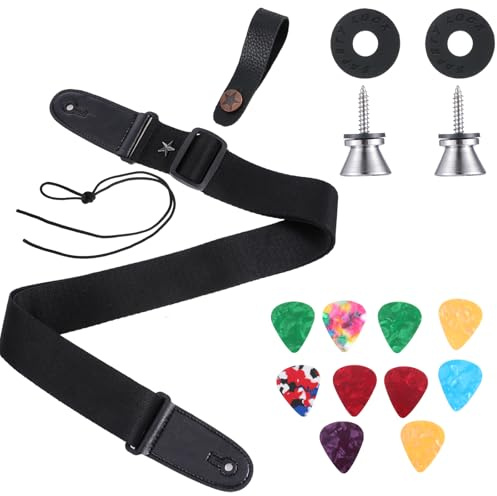 Guitar Strap, Akustikgitarrengurt PU-Lederenden Gitarrengurt mit Schlössern Verstellbare Gurte mit 2 Knöpfen 10 Gitarrenplektren 2 Schlösser 1 Seilset Plektrenhalter Gitarrenzubehör für Bass Elektrisc