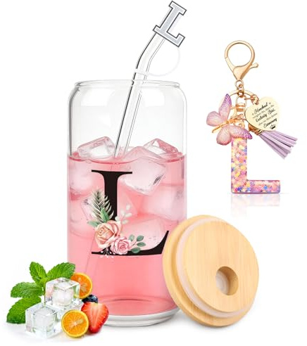 TUZELIYA A-Z Personalisierte Geschenke mit Buchstaben – Glasbecher mit Deckel & Strohhalm + Schlüsselanhänger Buchstabe, Geschenk für Frauen & Mädchen, Geburtstag, Valentinstag & Weihnachten, L