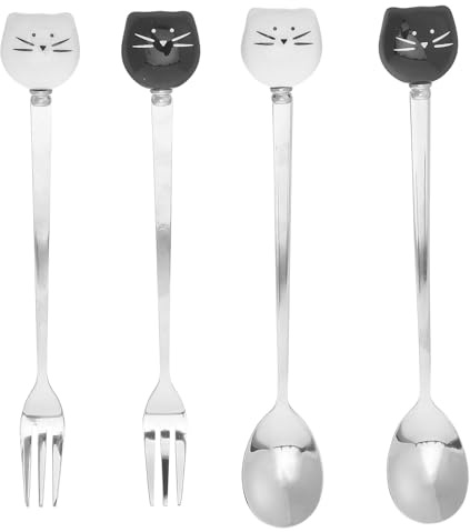 ANDRESLAD 4 Stück Teiliges Edelstahl Katzen-besteck Set mit Keramikgriff Multifunktionale Dessertgabeln und Kaffeelöffel Stilvolle Tiermotive zum Rühren von Tee Eiscreme und Obst Perfektes