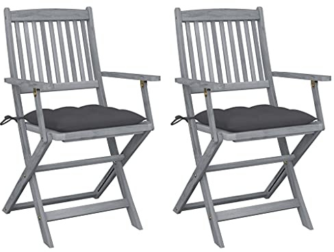 Ziaphsol Klappbare Gartenstühle 2 STK., Massivholz Akazie Grau Lasiert, 54x57x91 cm, Klappstuhl mit Anthrazit Kissen, für Balkon, Terrasse, Außenbereich, bis 110 kg Belastbarkeit