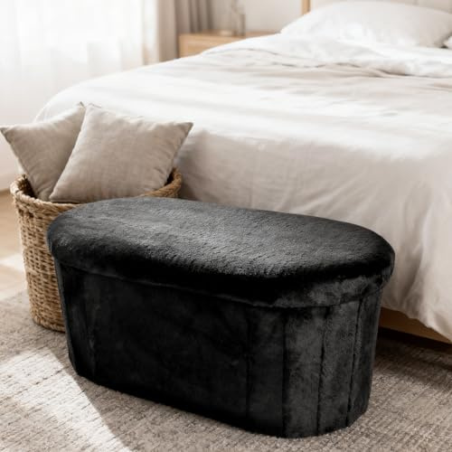 INTEREST BOOM Multifunctional Velvet Folding Storage Ottoman Storage Bench 28 Inches Ottomans Oval,Foot Rest Stool load100kg/220lb,Black Bench Space-Saving for Living Rooms/Homes/Apartments/Dorms