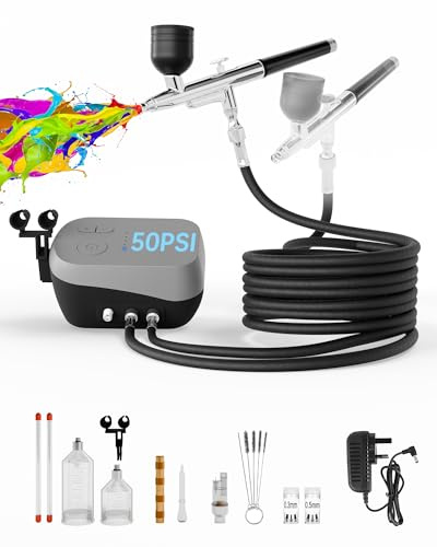Airbrush Kit with Air Compressor, Dual Air Brush Gun 50 PSI High Pressure Air Brush with 0.2/0.3/0.5mm Nozzles & Cleaning Sets, for Painting, Nails, Modeling, Cake Decor, Makeup