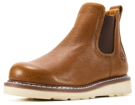 SUREWAY Men's Slip On Chlesea Work Boots for Men - Soft Toe,Lightweight Comfortable,Full Grain Leather,Slip-resistant Wedge Sole,Light Brown,Size 10.5
