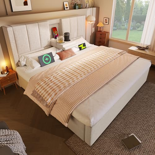 Lubvtti Cama acolchada con portavasos oculto y puerto de carga USB, cama de matrimonio con contenedor, estructura de cama hidráulica con somier de láminas, lino (beige, 160 x 200)
