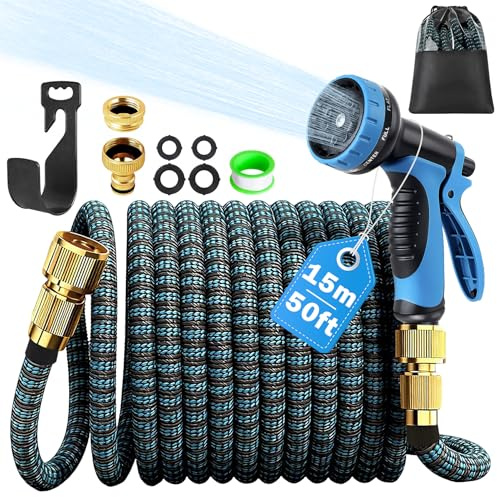 Expandable Garden Hose - Upgraded 3-Layer Latex Hose Pipe 50ft 15m Leak-Proof, Expanding Hose with Spray Gun, Stretchy Magic Hose with Fittings,No-Kink Flexible Water Hose for Garden,Pet,Car Cleaing