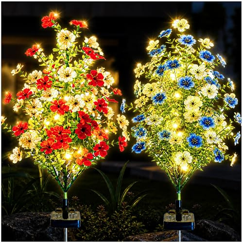 DooYard Solar-Violette Gartenlichter, 2 Stück, leuchtende violette Blumen und Stiele, verbessertes Solarpanel, dekorative Lichter für Garten, Rasen, Terrasse, Weg, Hof, Geschenk für Mutter (2 Stück)