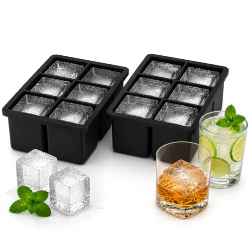 Silicone Ice Cube Trays, 2-Pack Large Square BPA-Free Ice Molds – Easy Release, Stackable Black Trays for Whiskey, Cocktails, Juice & Ice Cream