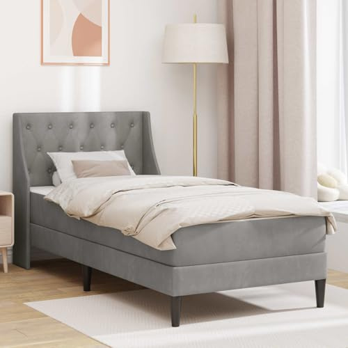 Boltkex Bettgestell mit Matratze Hellgrau 90 x 190 cm Samt Bettanlage mit Lattenrost, Schaumstoffmatratze, Schlaffläche 190 x 90 cm, für Schlafzimmer, Gästebett
