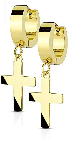 Bungsa Creolen mit ANHÄNGER KREUZ - Ohrringe Set in 4 Farben (SILBER, SCHWARZ, ROSEGOLD, GOLD) - aus EDELSTAHL - Klappcreolen Ohrschmuck für Damen & Herren - Ohrstecker Kreolen mit Kreuz