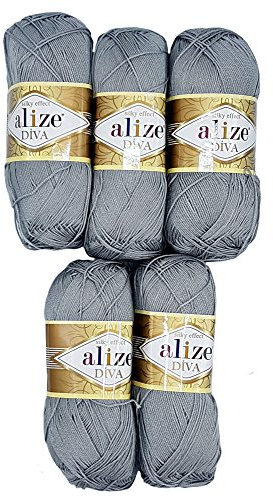 5 x 100 Gramm Wolle Diva Batik einfarbig, 500 Gramm merzerisierte Strickwolle microfiber-Acryl (grau 355)