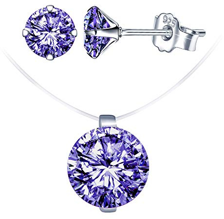 Yumilok Ensemble de Bijoux Diamant Collier avec Fil de Pêche Invisible Choker Femme Boucles d'oreilles Diamant en Argent 925 Cadeau Noël Anniversaire, Argent sterling argent sterling zircone, Cristal