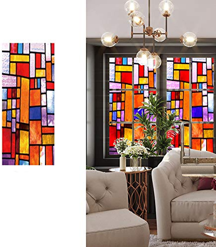 Stained Glass Privacy Window Film Stained Glass Self-Adhesive Frosted Retro Privacy Glass Sticker Non Adhesive Window Film for Home Office Decor Anti UV/Heat