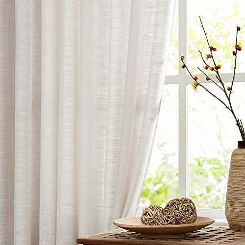 Fmfunctex Beige Sheer Curtains for Living Room 90 Drop Linen Textured Eyelet Curtains for Bedroom Semi Sheer Light Filtering Window Curtain Drapes for Dining Room 2 Panels