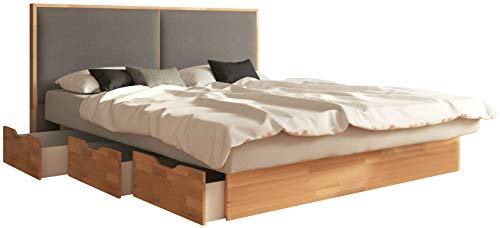 SuMa - Schubkastenbett 200x220 m. 6 Schubladen für viel Stauraum Kernbuche und Kopfteil Duetto, Farbe lightgrey 200x220 cm