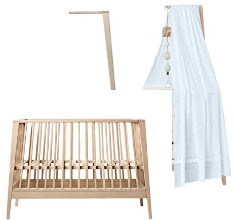 Linea Babybett in Buche mit Himmelgestell Buche und Himmel dusty blue OHNE MATRATZE