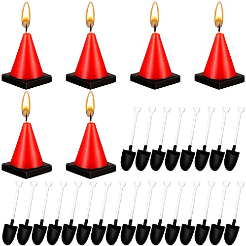BBTO 6 Pieces Cone Shaped Molded Candles 50 Pieces Plastic Shovel Shape Novelty Spoons Construction Party Supplies Traffic Cones Candles for Birthday Cakes Decorations Toppers Construction