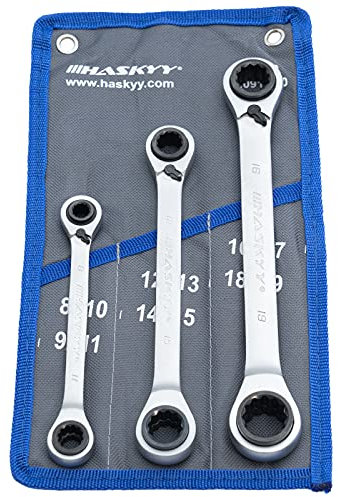 HASKYY 3-tlg Doppel-Ring-Ratschenschlüssel-Satz SW 8-19 mm in Systemtasche I 8-10x9-11 I 12-13x14-15 I 16-17X18-19 Maul-Ringschlüssel-Set