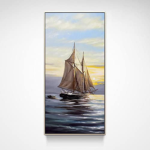 Leinwand Bilder, Vintage Abstrakte Blaue Himmel Sonnenaufgang Meer Segeln Landschaft Kunstwerk Rahmenlose Gemälde Handgemalte Ölgemälde Auf Leinwand Wandkunst Für Wohnzimmer Schlafzimmer Büro W