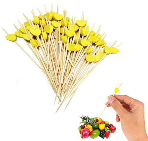 100 stycken cocktailpinnar, cocktailspett, fingerfood partyplock, 12 cm, för fest gåva karneval födelsedagsfest, för grillmat, fingermat, fruktspett (gul)
