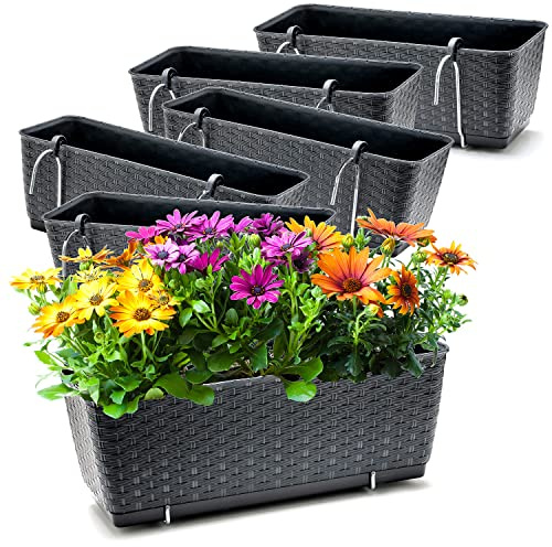 BigDean 6 Balkonkästen mit Metall Halterung 39 cm lang & Bewässerungssystem | Blumenkästen für Balkon Geländer Farbe Anthrazit in Rattan-Optik 39 x 15,5 x 14 cm