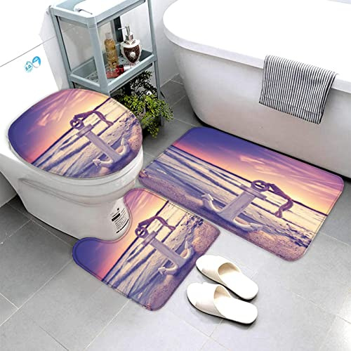 Badematten Set 3D Anker Sonnenuntergang 3-teiliges Absorbierend Flanell Badezimmerteppich-Set 50x80cm, Marine Nautisch Badteppich Schnell Trocknend Weich Badvorleger mit WC Deckelbezug